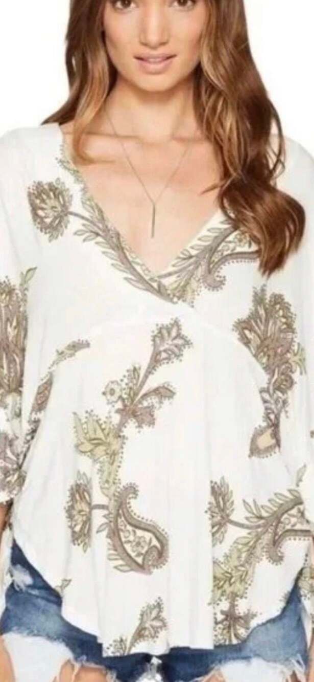 Free People Maui Wowie Top Ivory Paisley Size S Oversized Boho Chic